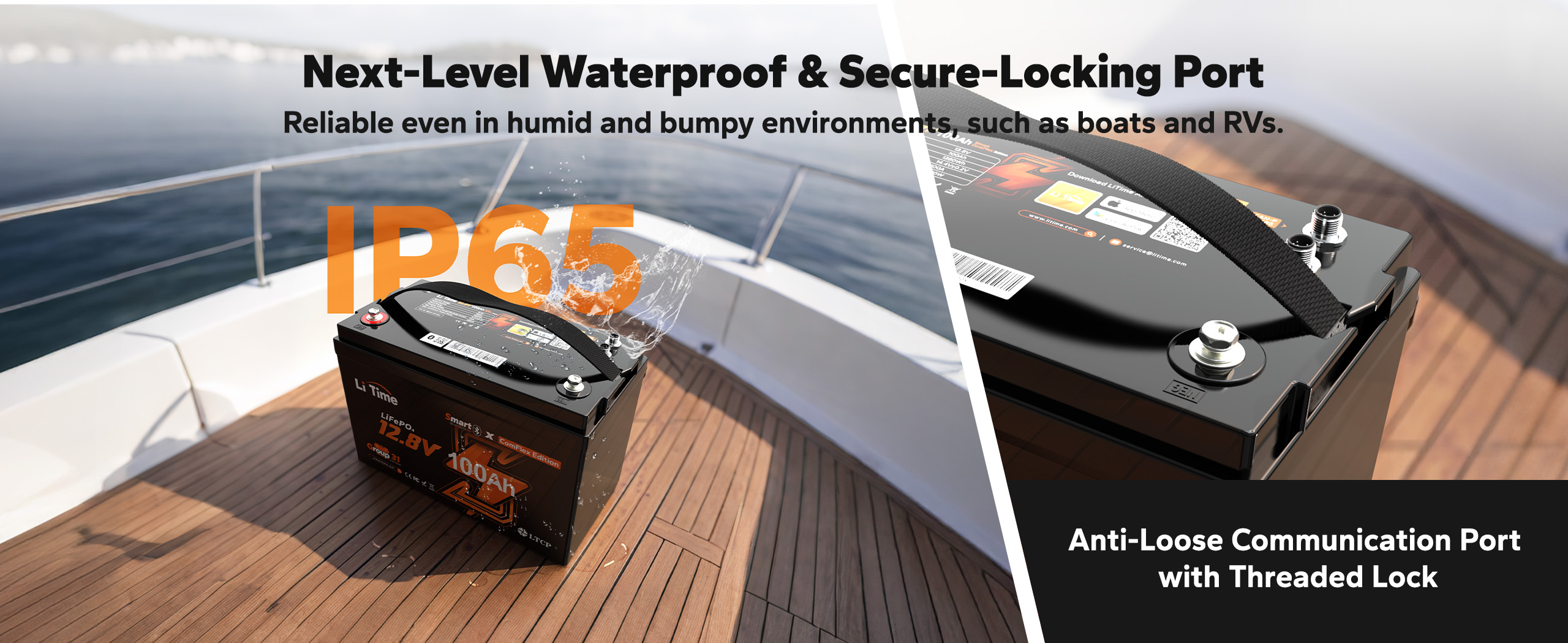 waterproof & secure-locking communication port of litime 12v 100ah lithium ion battery, reliable in harsh environment