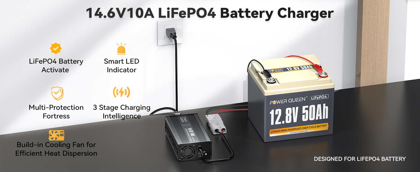 Full charging setup of Power Queen 14.6V 10A LiFePO4 battery charger with 12.8V 50Ah lithium battery and LED indicators