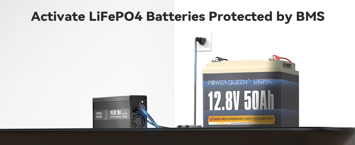 Power Queen LiFePO4 charger activating 12.8V battery with BMS protection for safe lithium battery charging