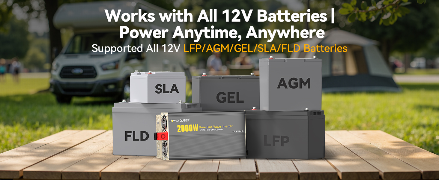 Power Queen inverter works with all 12V batteries including LFP, AGM, GEL, SLA, and FLD models