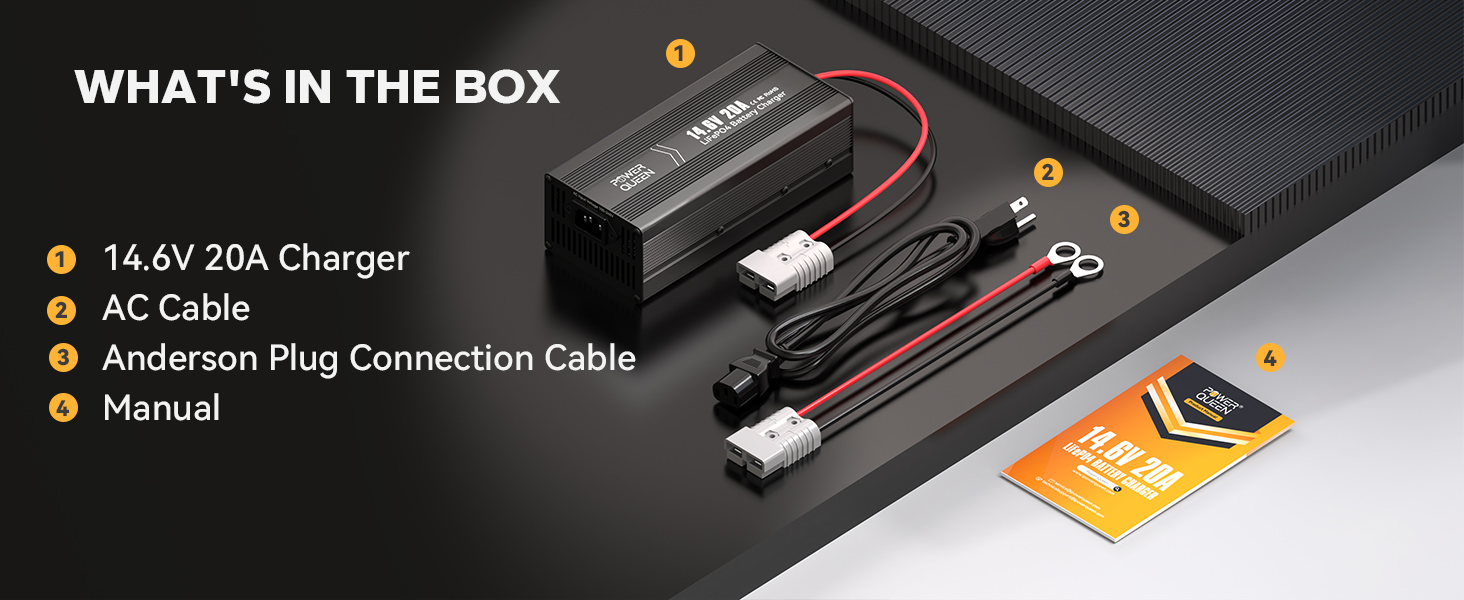What's in the box: Power Queen 14.6V 20A LiFePO4 battery charger with AC cable, Anderson plug cable and user manual