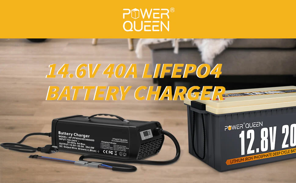Power Queen 14.6V 40A Portable LiFePO4 Battery Charger for 12V LiFePO4 Battery