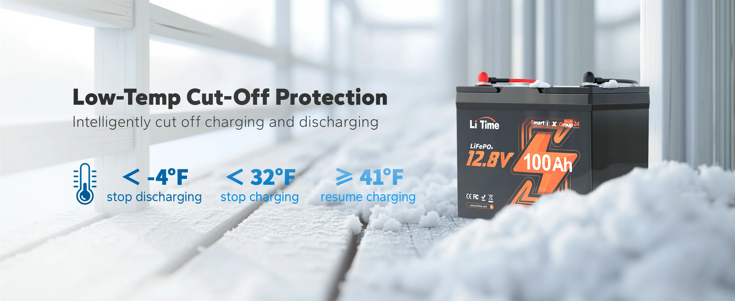 low temperature charging off protection function of litime group 24 bluetooth lithium battery 