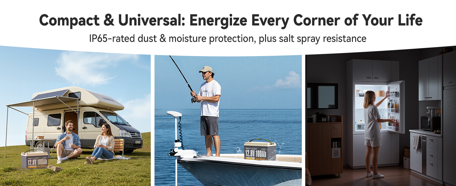 Compact universal Power Queen LiFePO4 battery IP65 dust moisture protection for RV marine home appliances