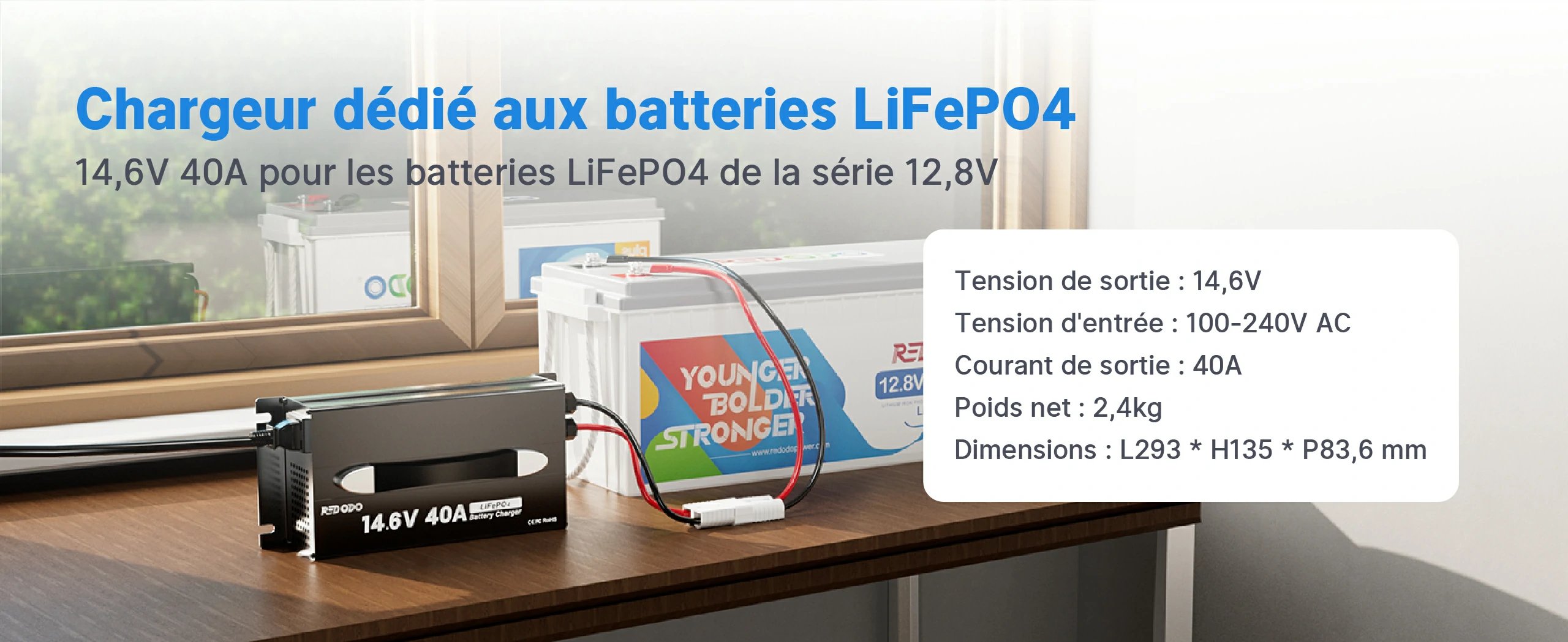 Chargeur de Batterie LiFePO4 14.6V 40A avec Poignée Spécifications