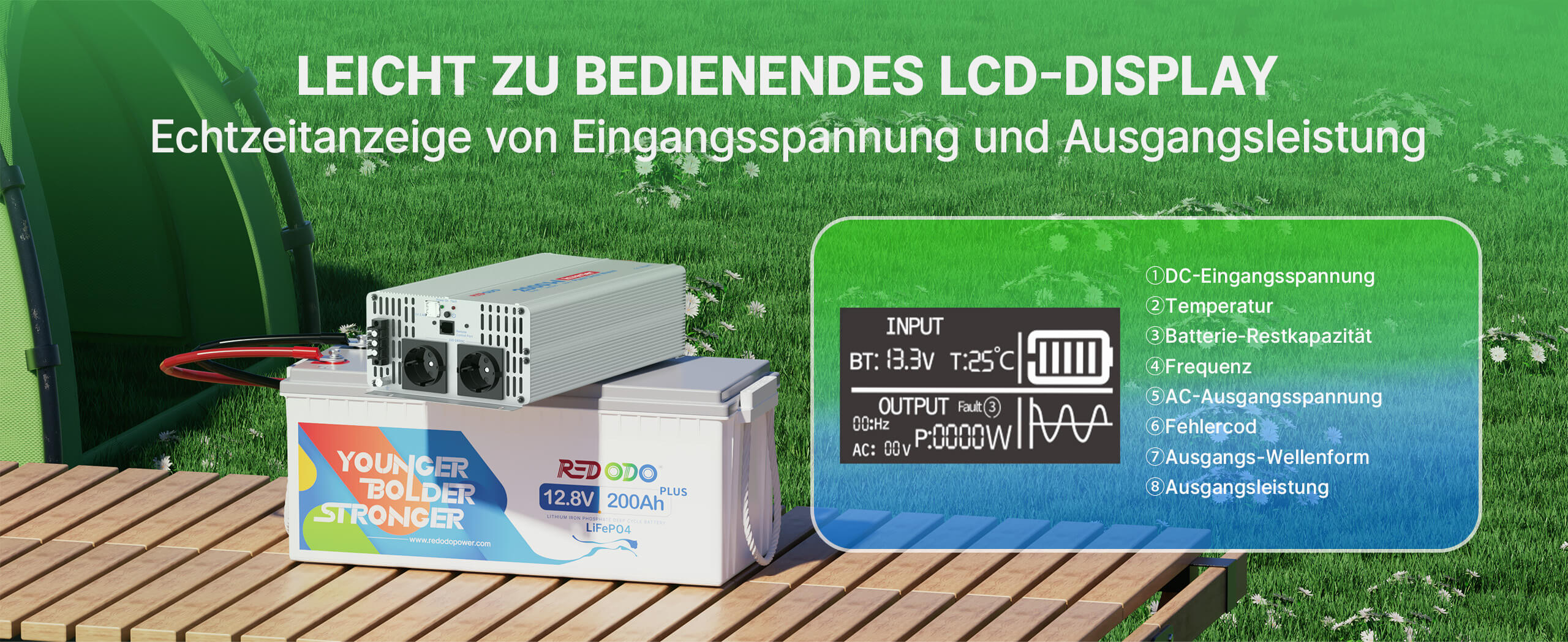 Redodo 2000W Reiner Sinus Wechselrichter LCD Anzeige
