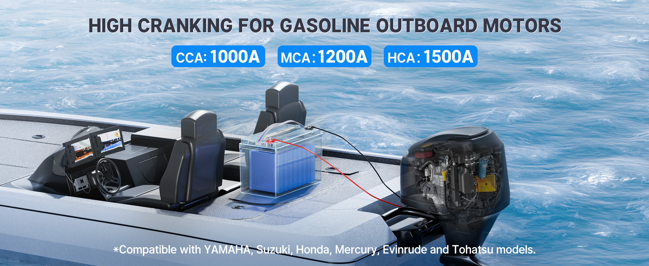 1000 CCA dual purpose marine battery for outboard motors