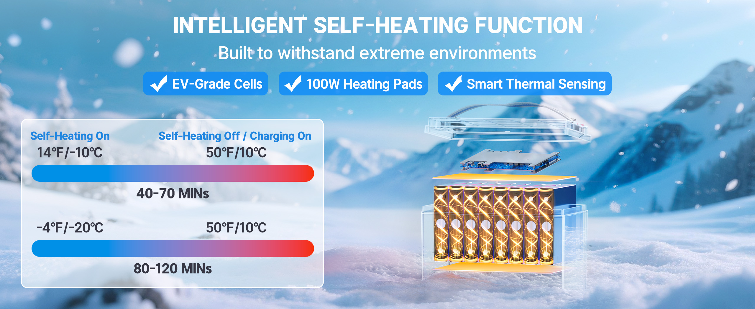 LiFePO4 dual purpose marine batteries with self-heating function