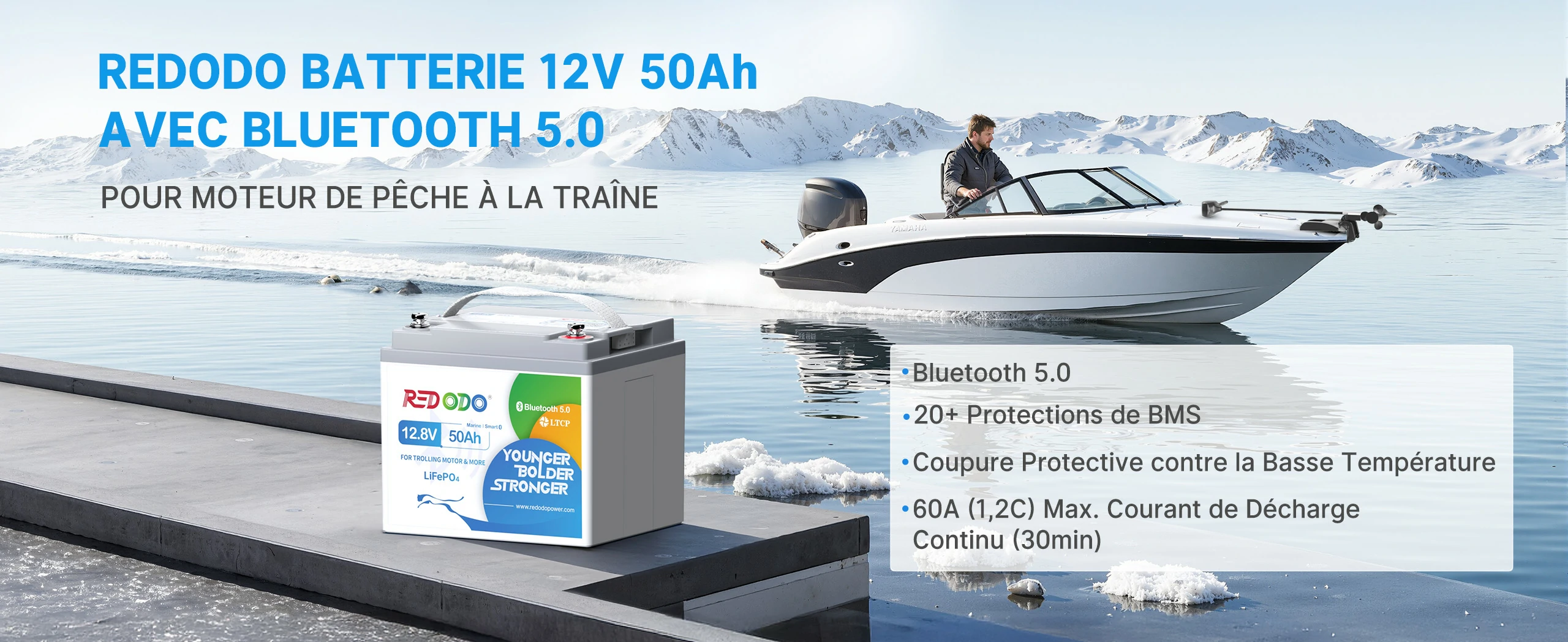 12V 50Ah Batterie LiFePO4 avec Bluetooth pour moteur de pêche à la traîne