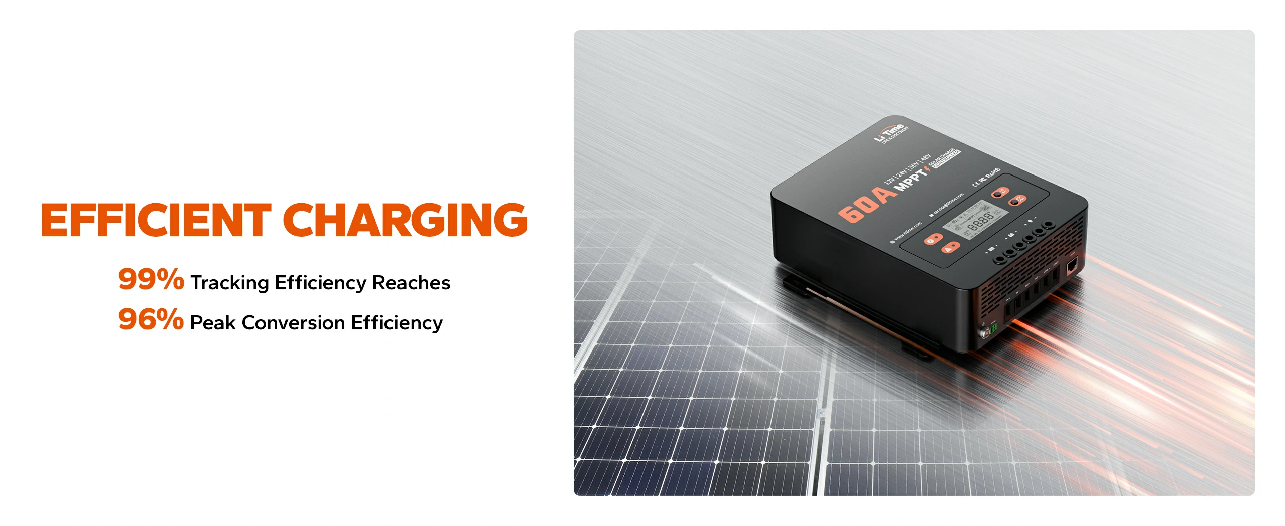 99% tracking efficiency & 96% peak conversion efficiency of litime 60a solar charge controller