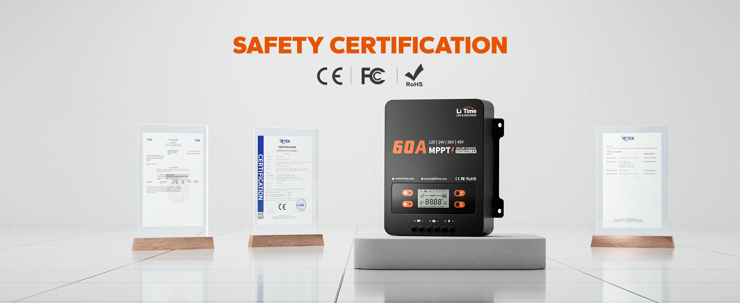 safety certification of litime 60a 12v/24v/36v/48v solar charge controller