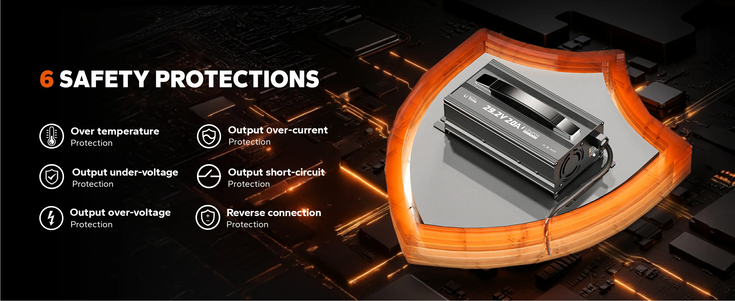 protections information of litime 24v lifepo4 battery charger