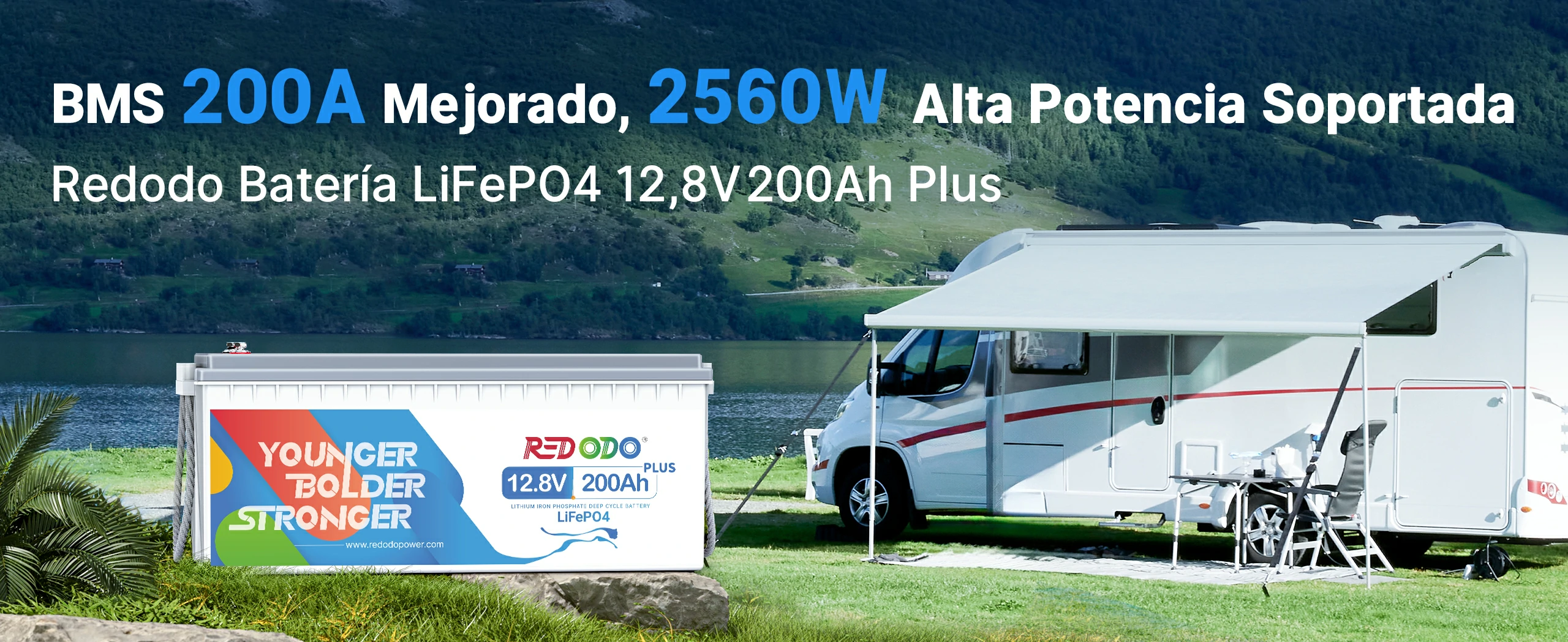 Redodo Batería LiFePO4 12v 200ah Plus - BMS 200A Mejorado, 2560W Alta Potencia Soportada