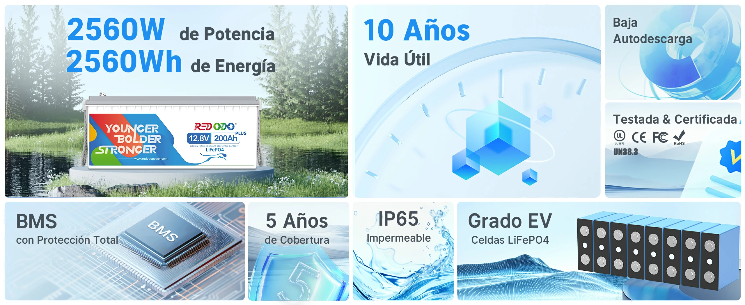 Redodo Batería LiFePO4 12v 200ah Plus - Ciclo Profundo, Grado EV, 10 Años Vida Útil