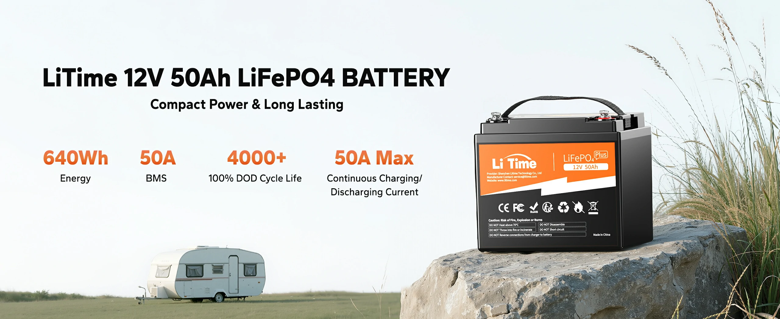 LiTime 12V 50Ah LiFePO4 battery offering 640Wh, 50A max, and a long life cycle, ideal for reliable power solutions