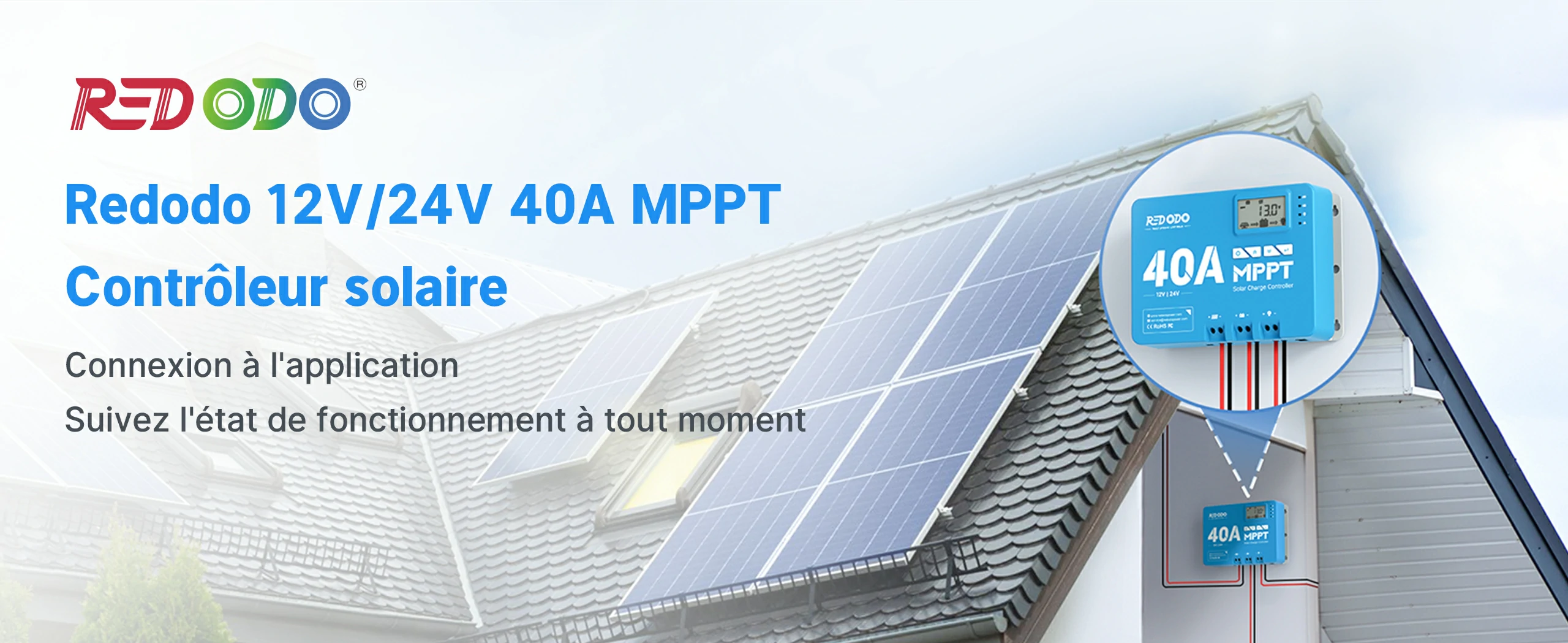 Contrôleur solaire MPPT Redodo 40A, connexion Bluetooth avec application mobile