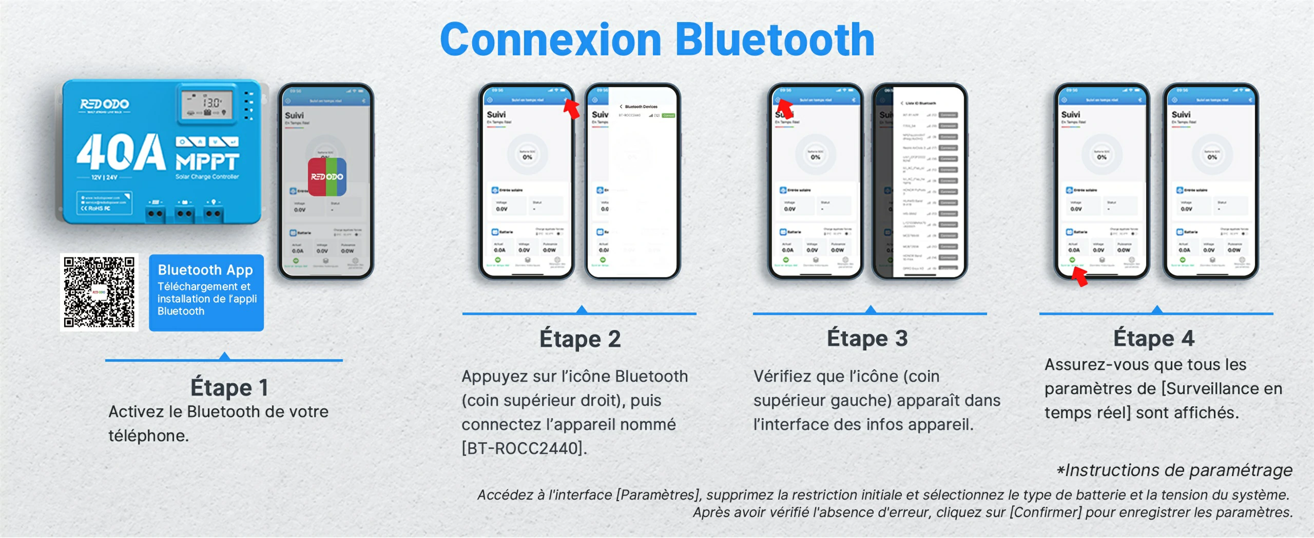 Guide de connexion Bluetooth pas à pas pour le contrôleur MPPT via application mobile