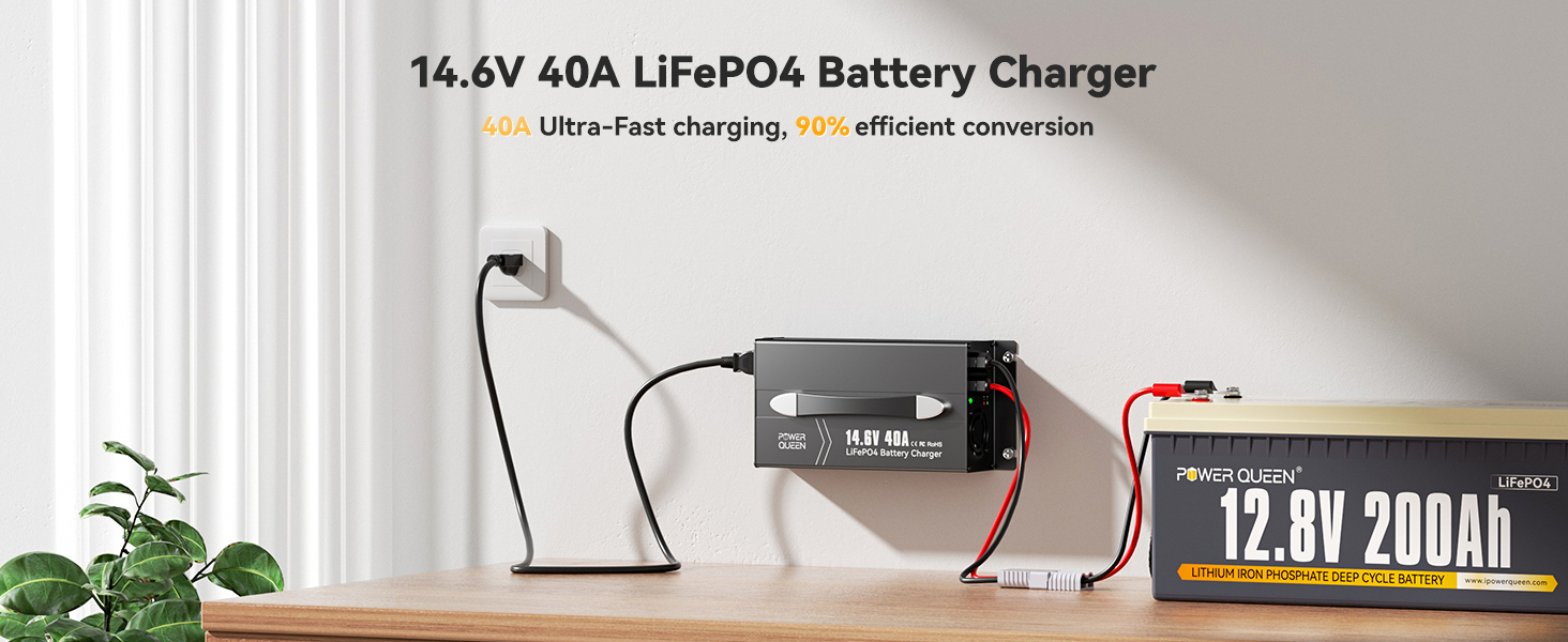 Power Queen 14.6V 40A LiFePO4 Battery Charger for 12V Lithium Battery, Ultra-Fast 90% Efficiency