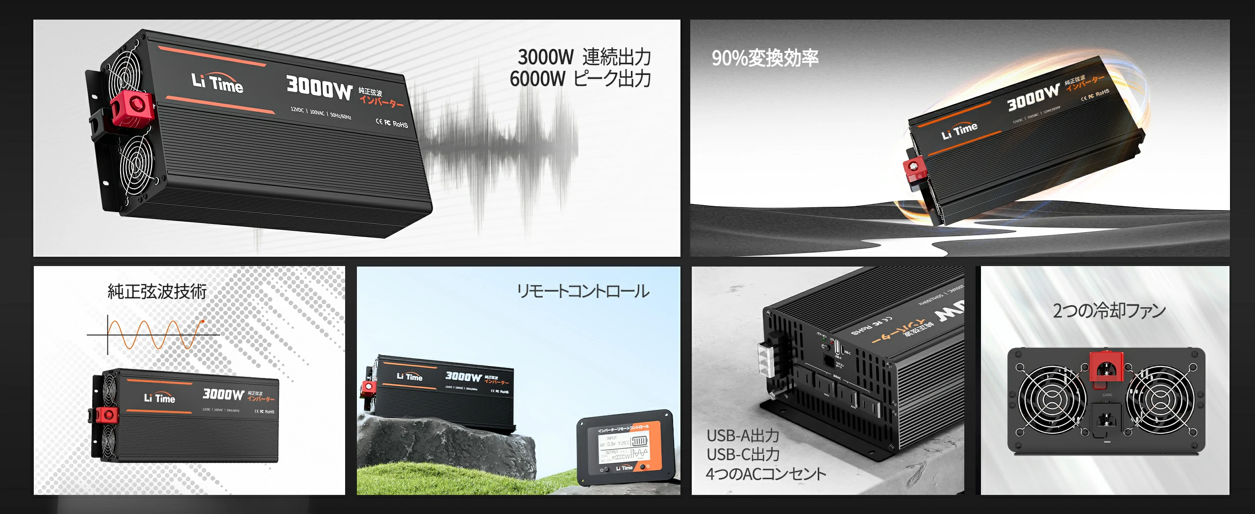 3000Wの定格出力と6000Wのサージ出力に対応、12V3000Wインバーター おすすめ