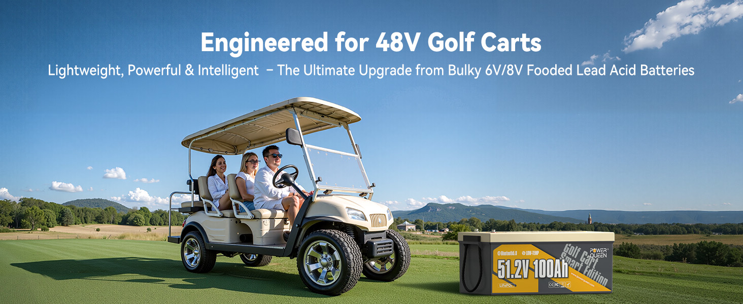 Power Queen 48V 100Ah Golf Cart Lithium Battery lightweight replacement for lead acid