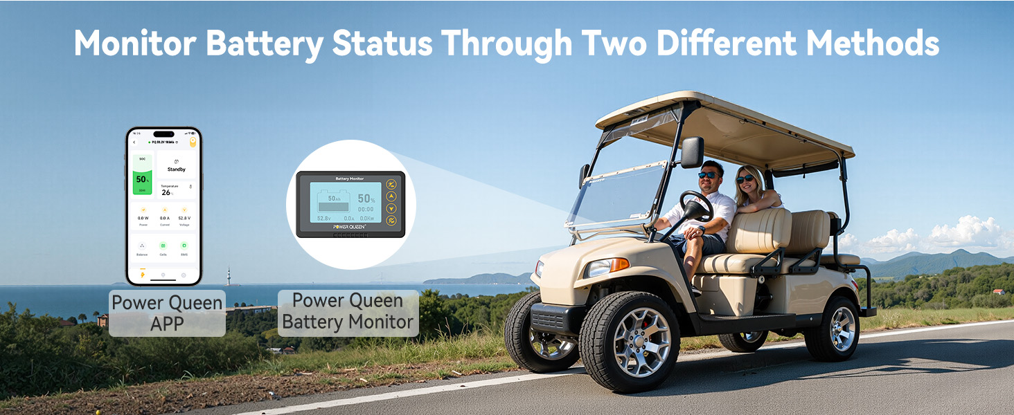 Monitor Power Queen 48V 100Ah Golf Cart Battery status via Bluetooth App or battery monitor