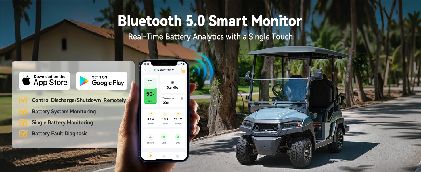 Bluetooth 5.0 smart monitoring for Power Queen 48V 100Ah Golf Cart LiFePO4 Battery