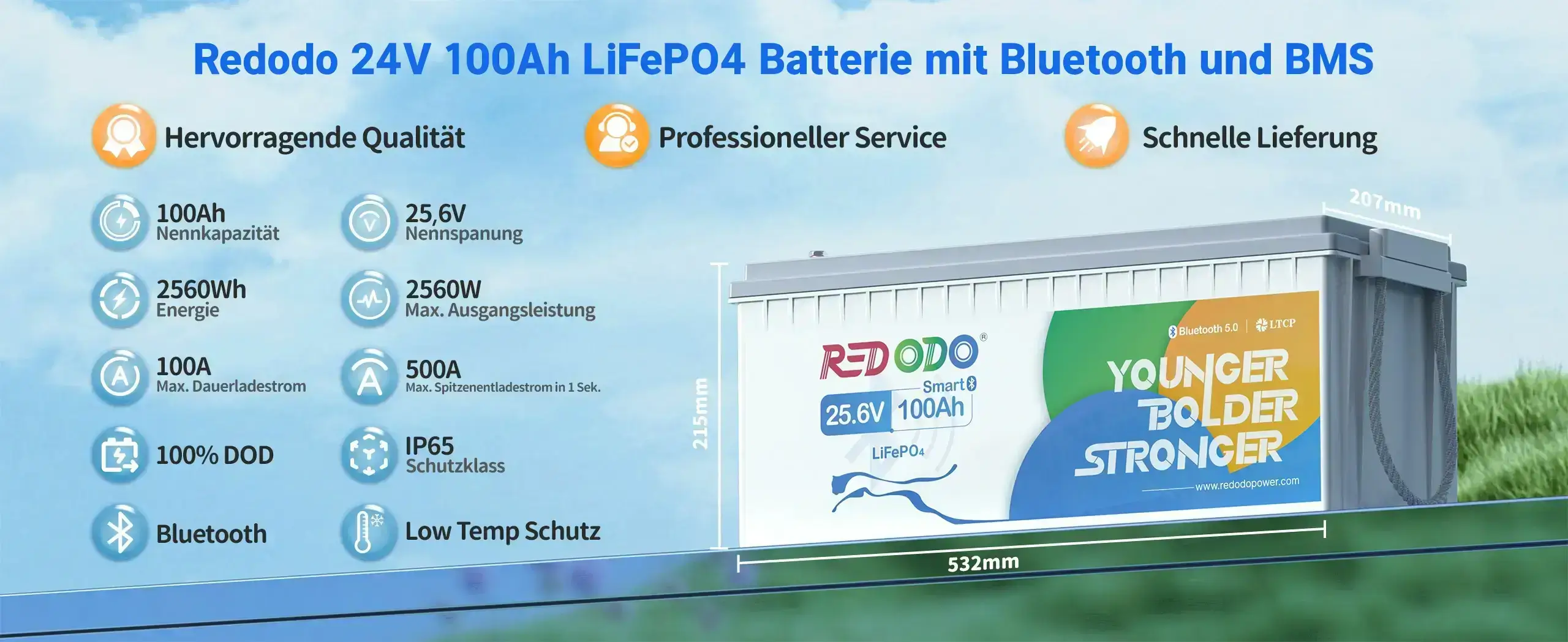 Redodo LiFePO4 24V 100Ah Batterie mit Bluetooth und BMS