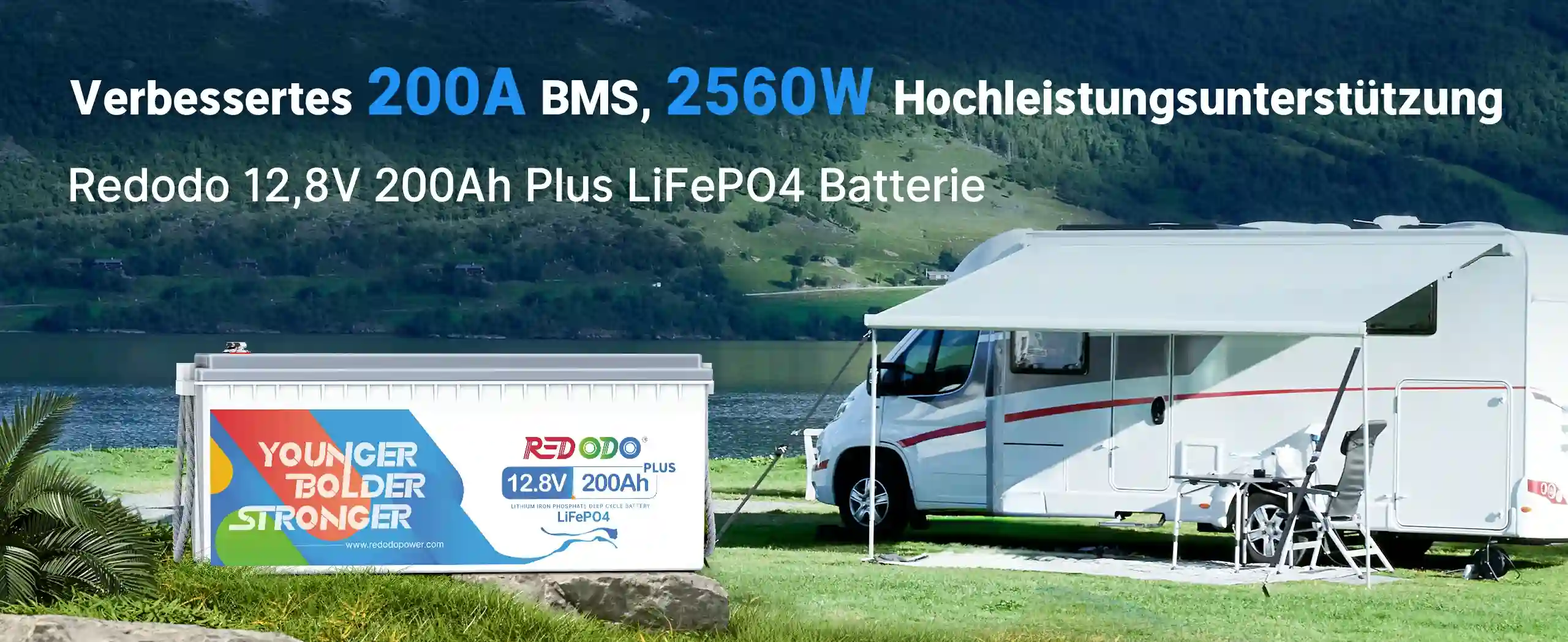 Redodo LiFePO4 12V 200Ah Plus Batterie mit 200A BMS für Wohnmobil und Outdoor