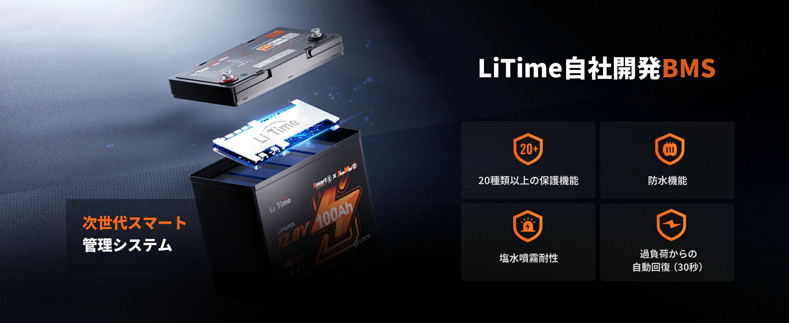 長期間安定して使えるBMS内蔵の12V リン酸鉄リチウムイオンバッテリー