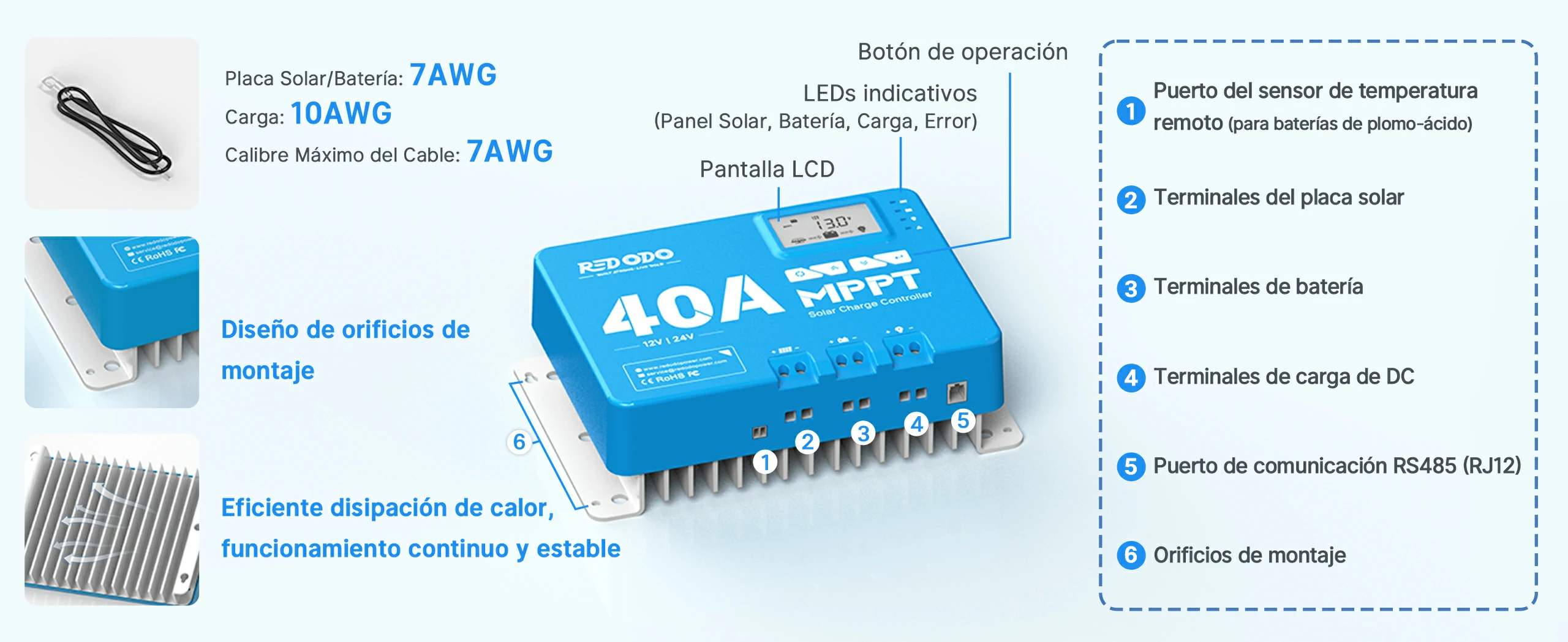 Redodo 40A MPPT 12V/24V Controlador de Carga Solar con Bluetooth - Especificaciones