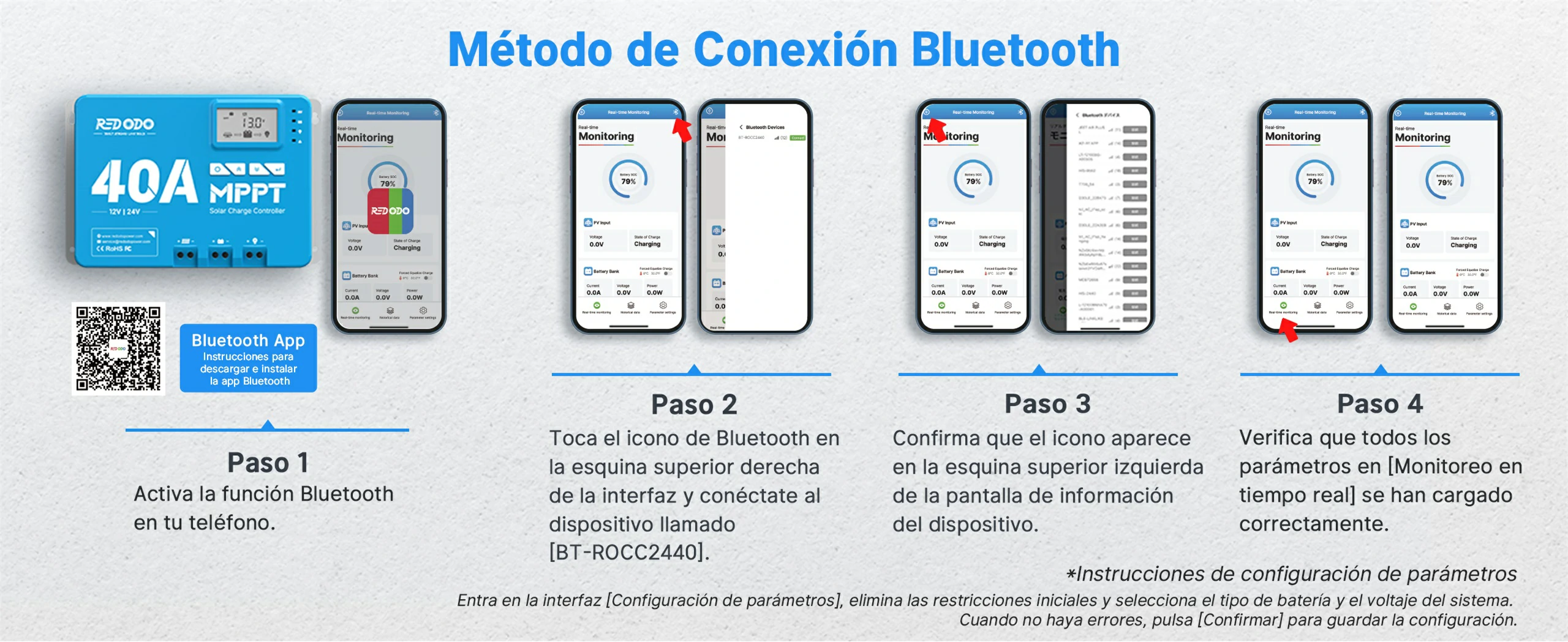 Redodo 40A MPPT 12V/24V Controlador de Carga Solar con Bluetooth - Proceso de Conexión por Bluetooth