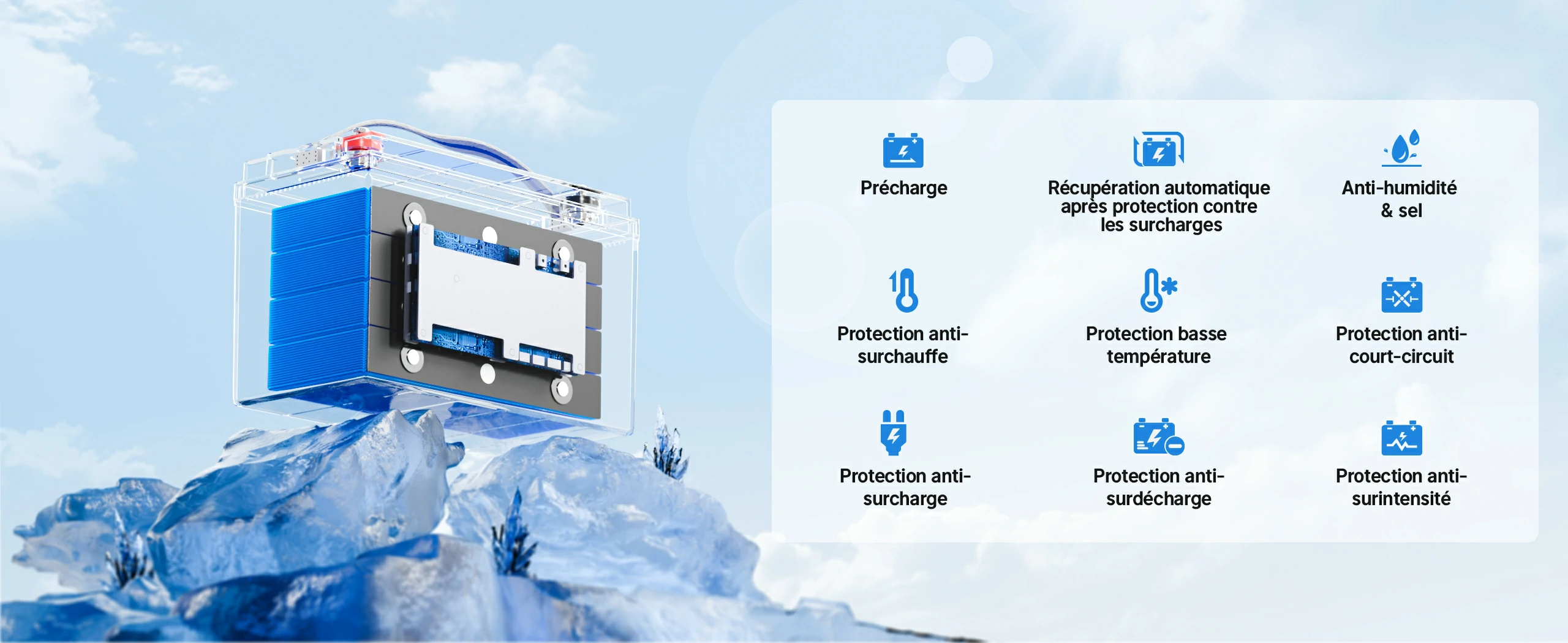 Batterie LiFePO4 12V 165Ah avec protections intégrées : surcharge, surchauffe, court-circuit, etc.