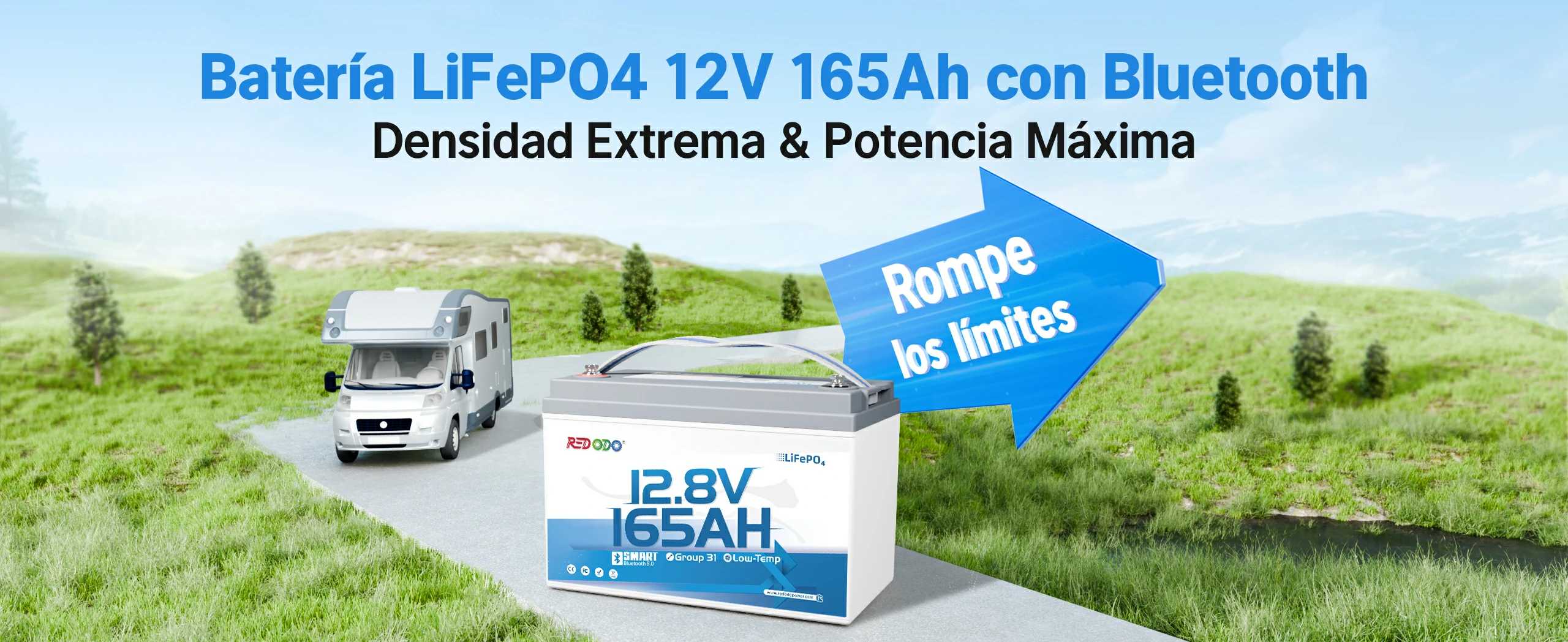 Redodo Batería de Litio 12V 165Ah LiFePO4 con Bluetooth - Densidad Extrema y Potencia Máxima 