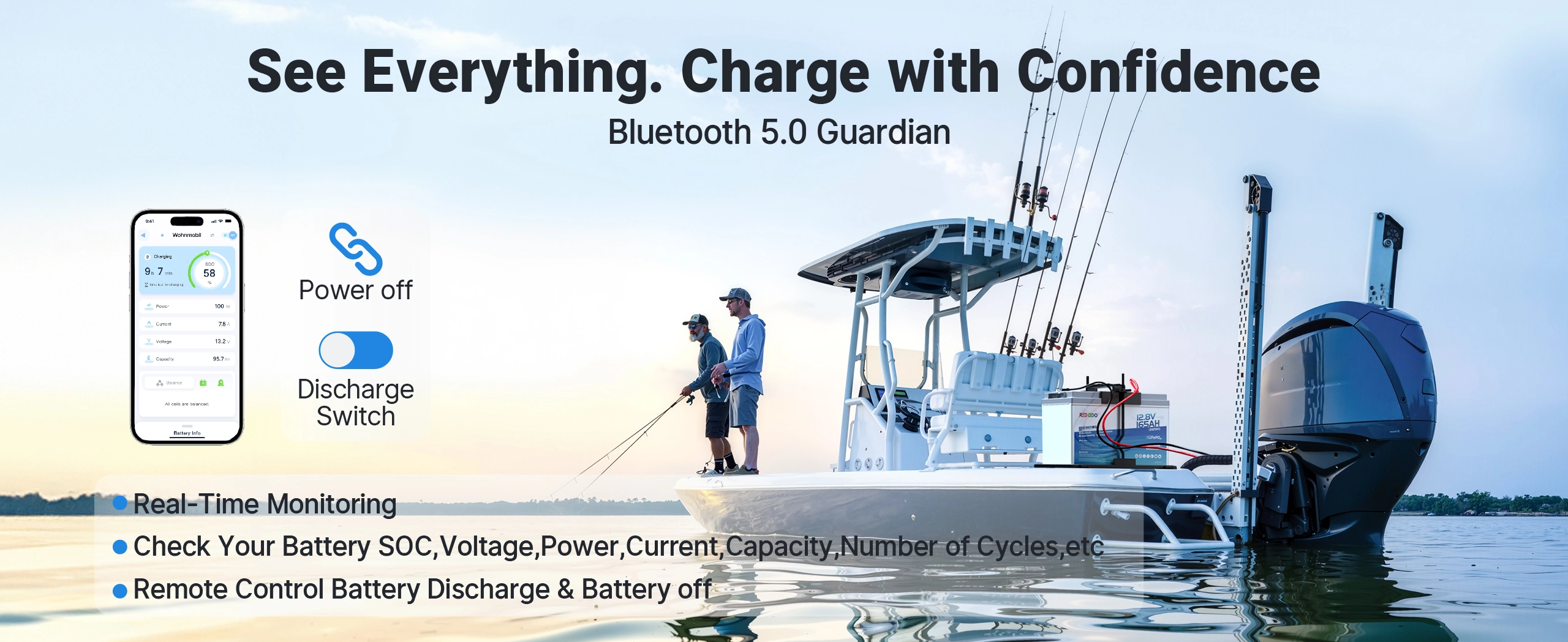 Redodo 12V 165Ah Bluetooth lithium Dual-Purpose Marine Battery 