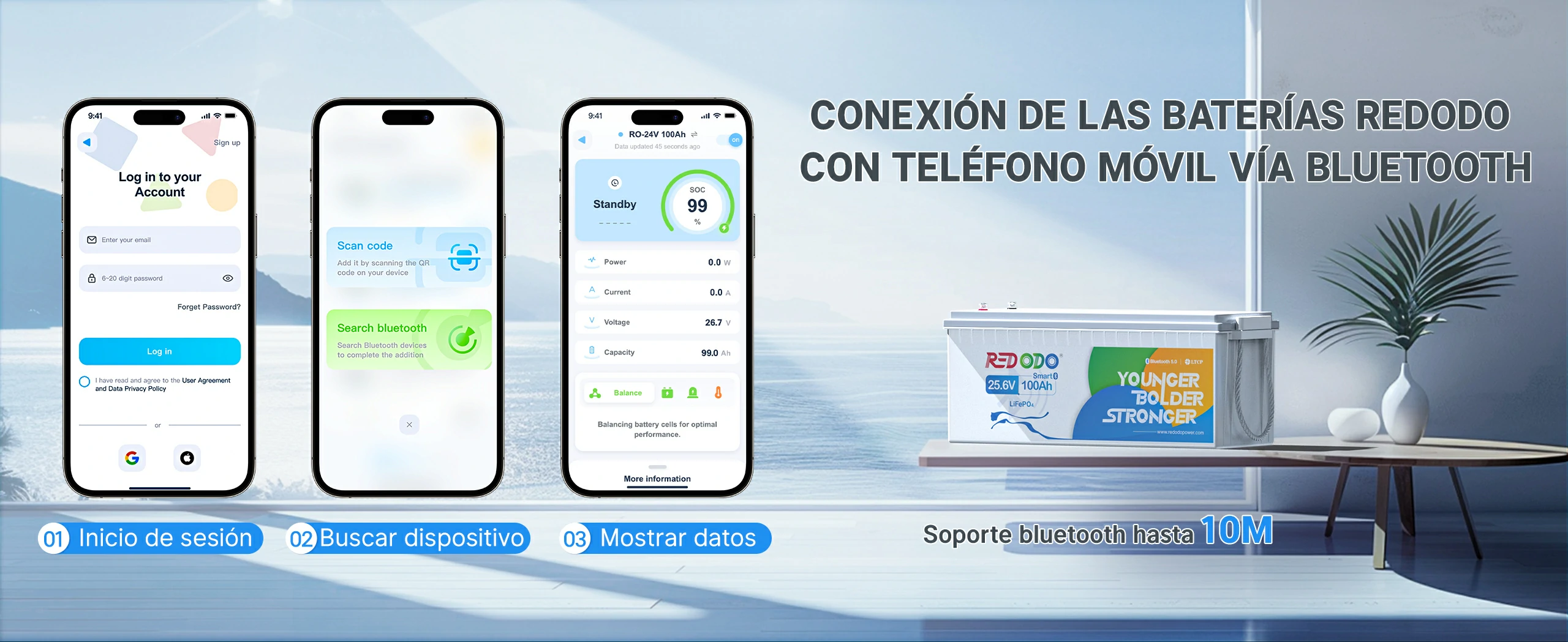 Redodo BaterÍa de Litio 24V 100Ah con Bluetooth LiFePO4 - Conexión de las Baterías Redodo con Teléfono Móvil Vía Bluetooth