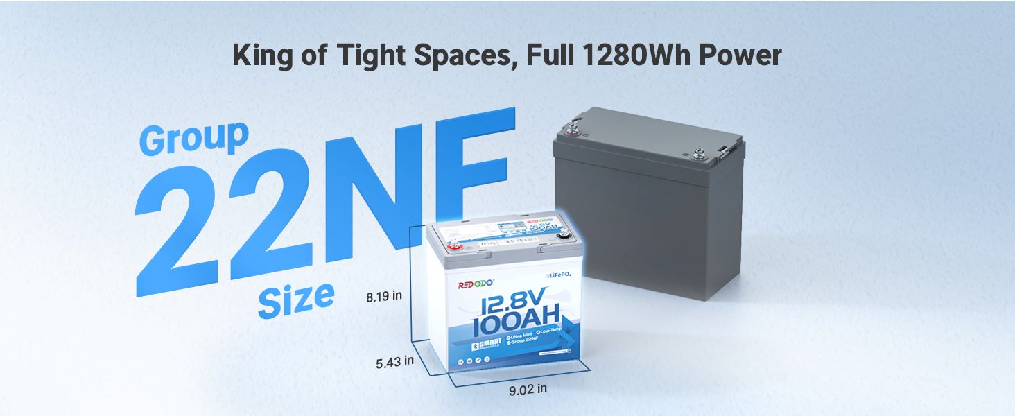 Redodo Ultra-Mini 12V 100Ah Bluetooth Small Lithium Battery | Group 22NF Size