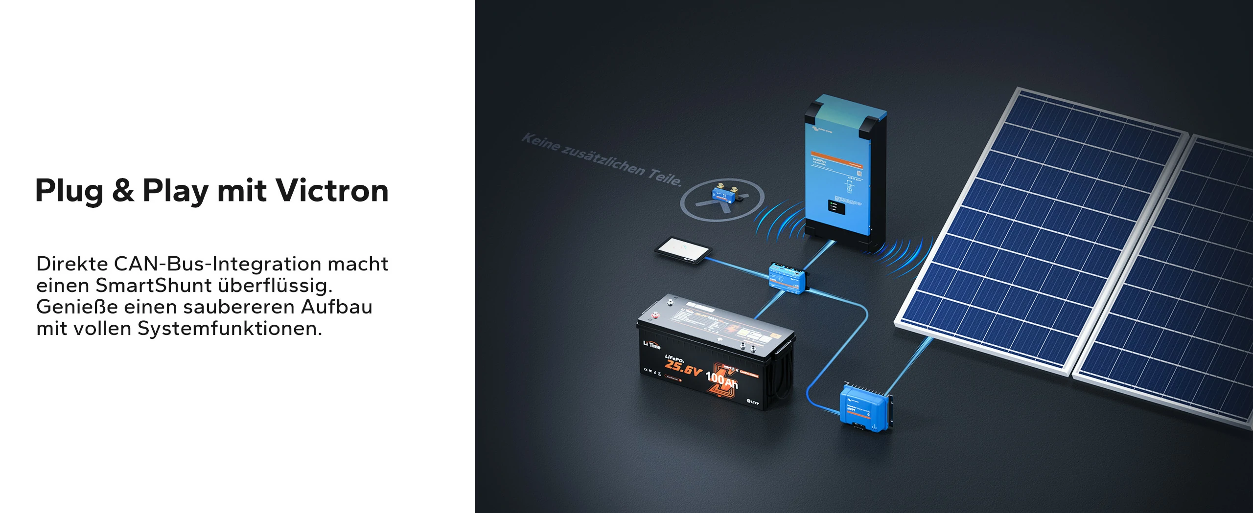 Baterie LiTime 24V 100Ah cu integrare directă CAN bus pentru compatibilitate plug-and-play cu sistemele Victron fără SmartShunt.
