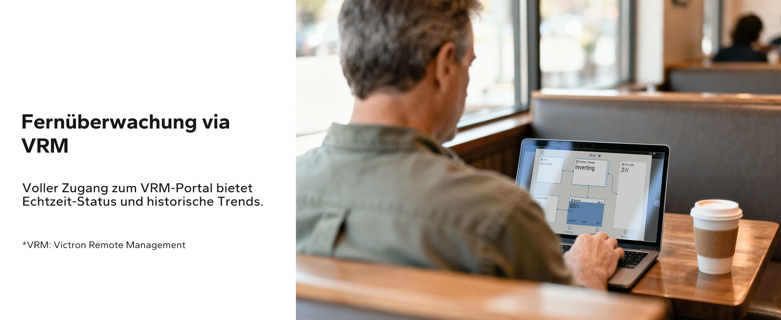 Fernüberwachung der LiTime Batterie über das Victron VRM-Portal mit Echtzeitstatus und historischen Leistungsdaten.