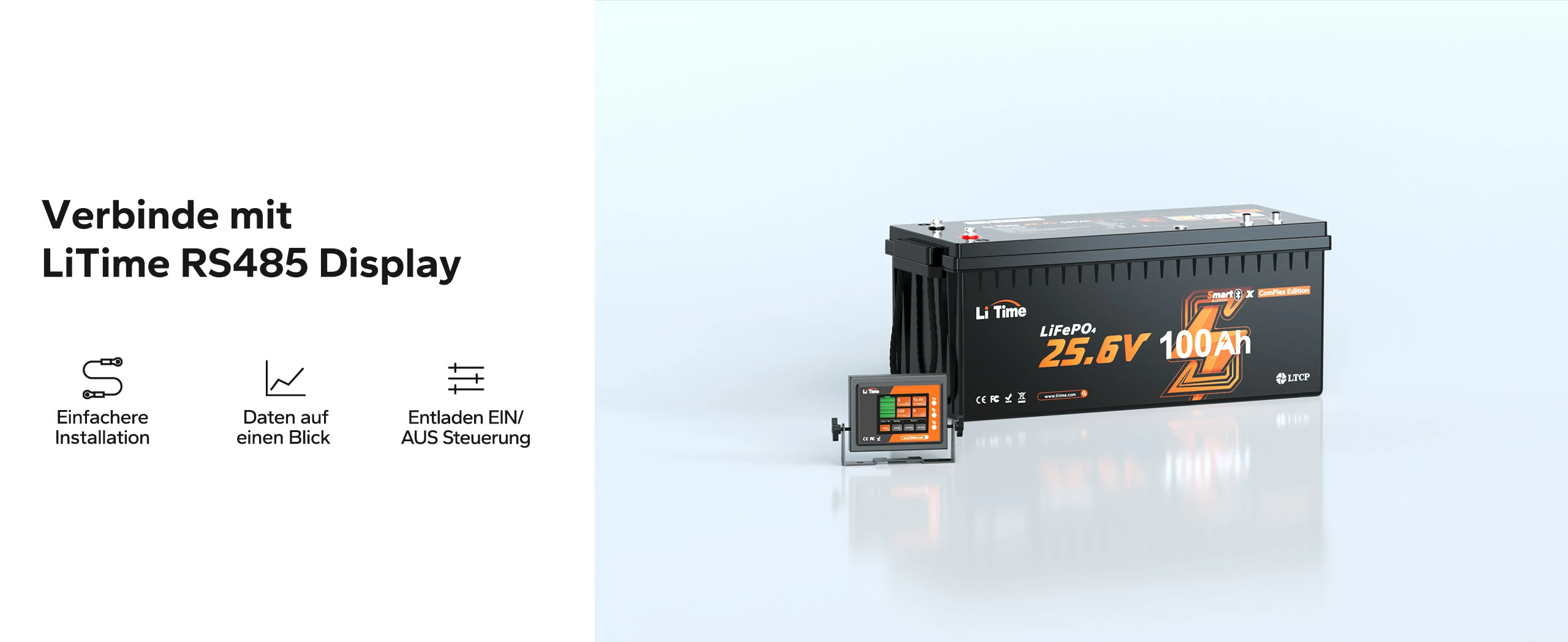 LiTime LiFePO4 Batterie verbunden mit dem RS485 Display für einfache Installation, Datenanzeige und Entlade-Ein/Aus-Steuerung.
