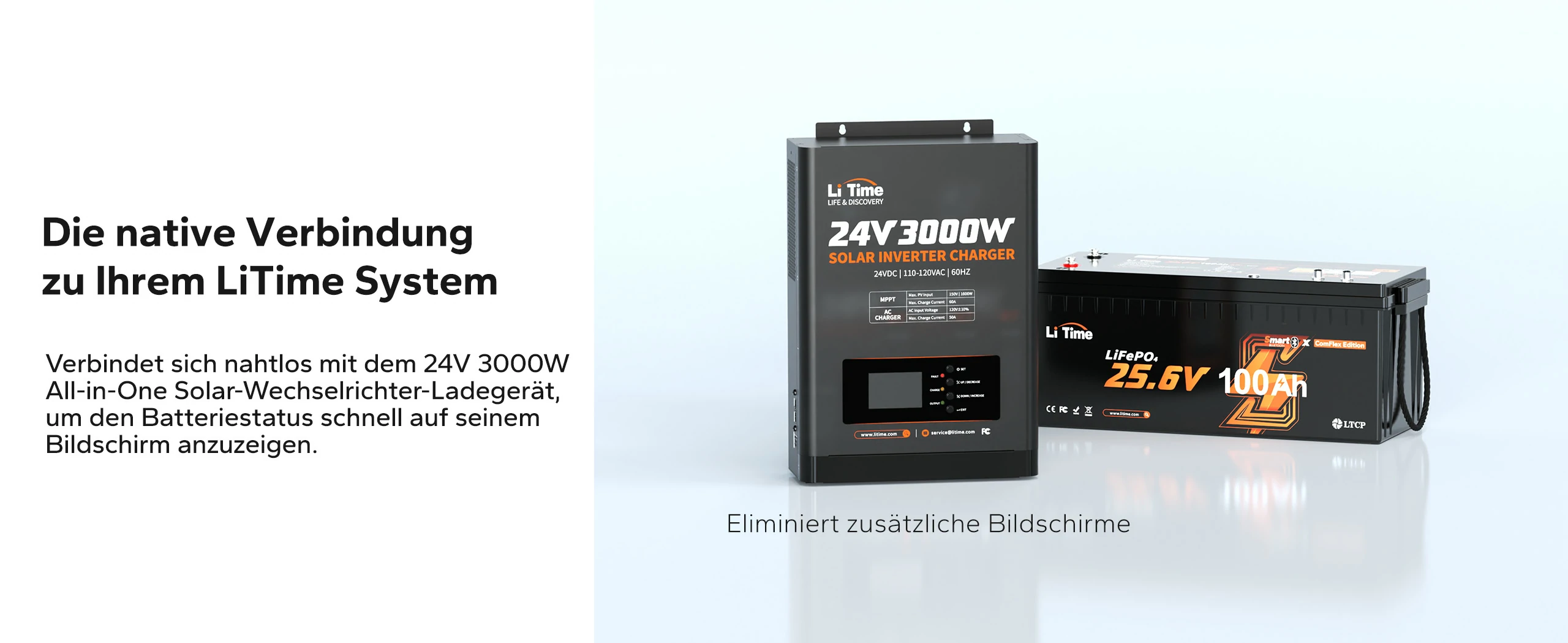Nahtlose Verbindung zwischen LiTime 24V 3000W Solar Inverter Charger und der 25.6V LiFePO4 Batterie zur direkten Anzeige des Batteriestatus.