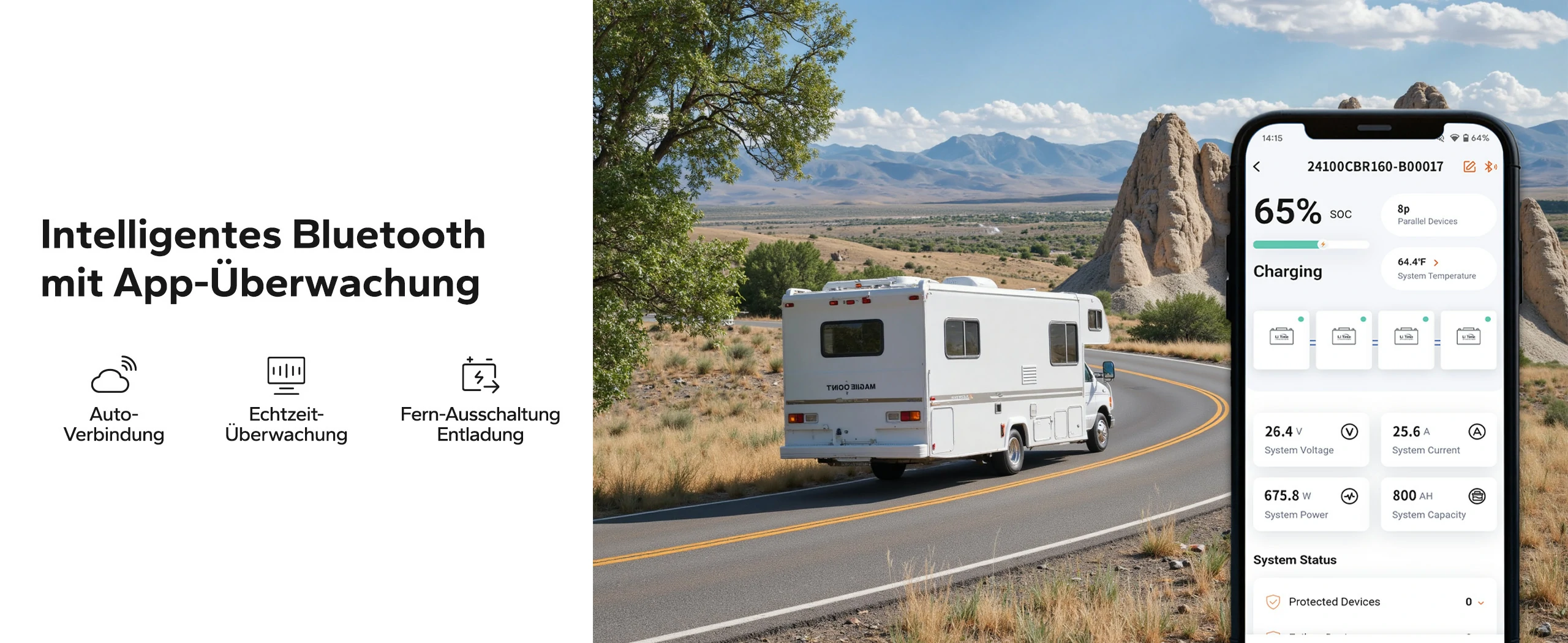 Smart LiTime Batterie mit Bluetooth-App für Echtzeitüberwachung, automatische Verbindung und Fernsteuerung im Wohnmobil.