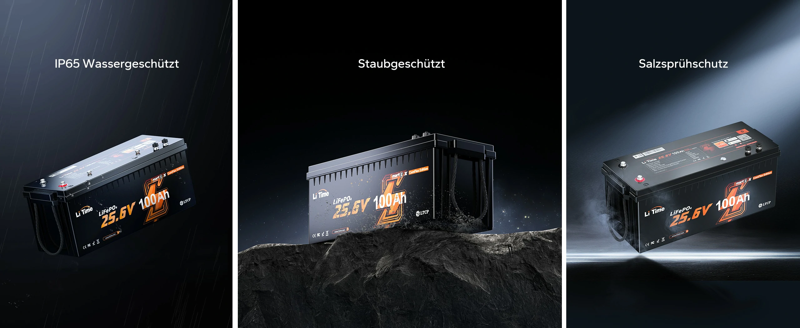 LiTime 24V LiFePO4 Batterie mit IP65 Wasser- und Staubschutz sowie Salzsprühbeständigkeit für langlebigen Außeneinsatz.