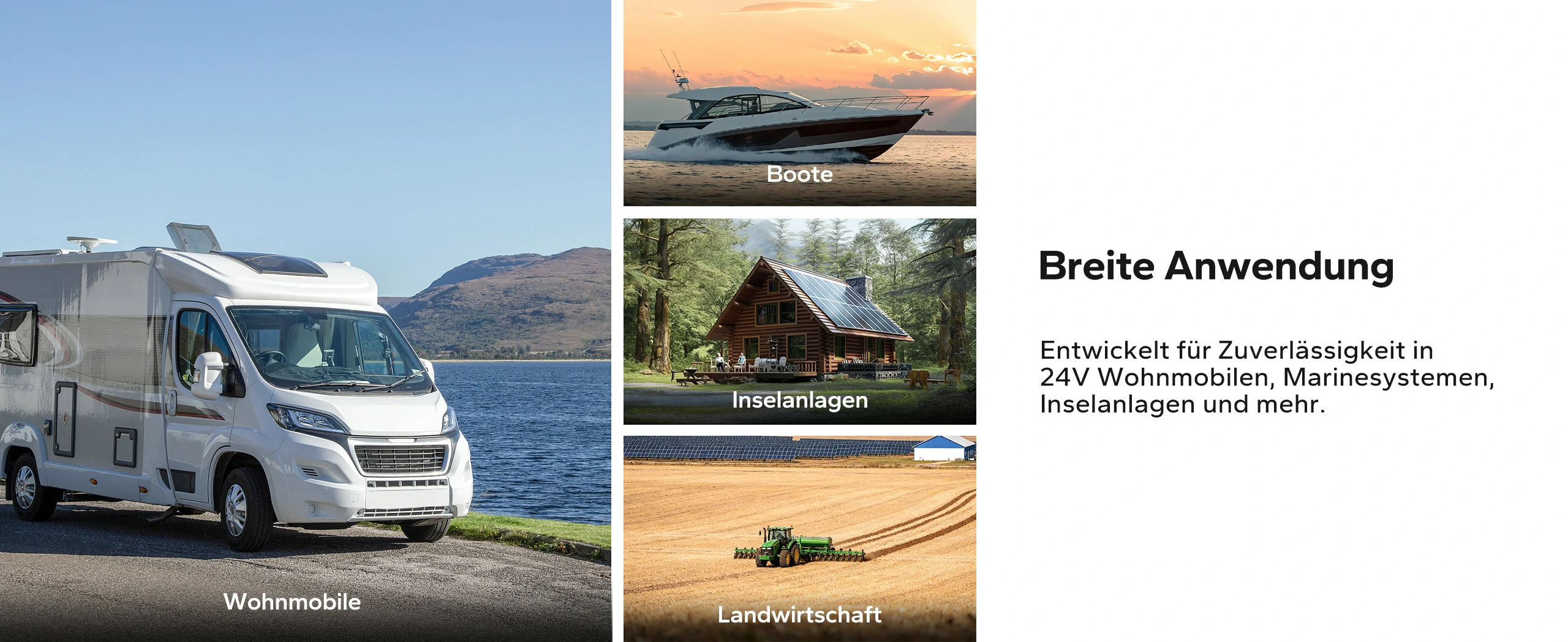 Breite Anwendung der LiTime 24V Batterie in Wohnmobilen, Booten, Inselanlagen und landwirtschaftlichen Maschinen.