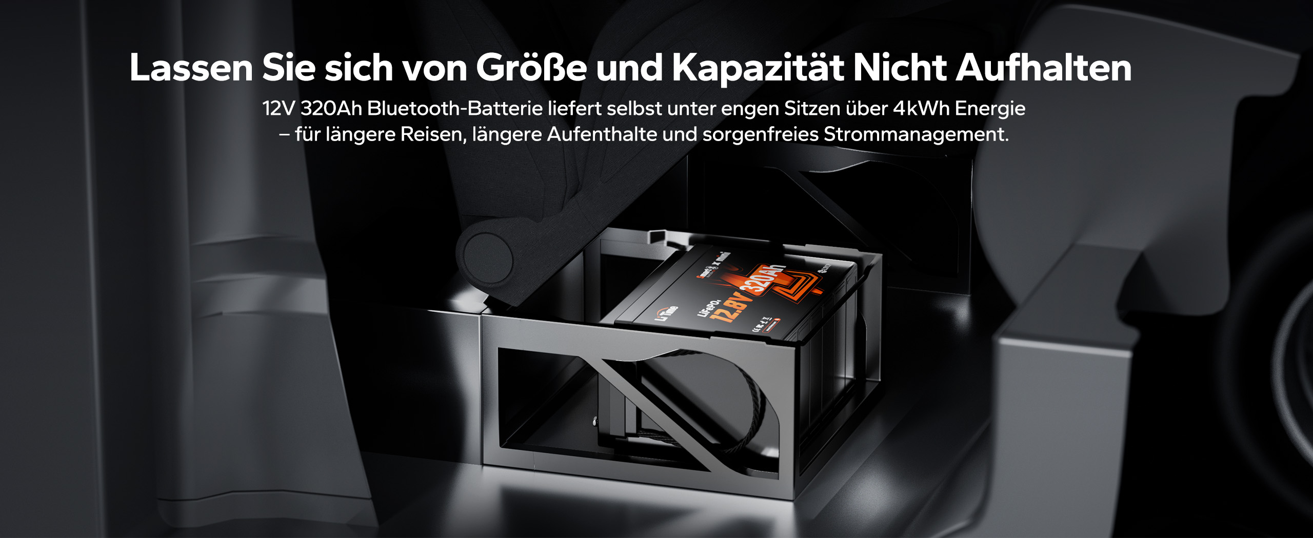 Kompakte Lithiumbatterie unter dem Fahrzeugsitz installiert und liefert hohe Kapazität auch bei begrenztem Einbauraum im Wohnmobil.