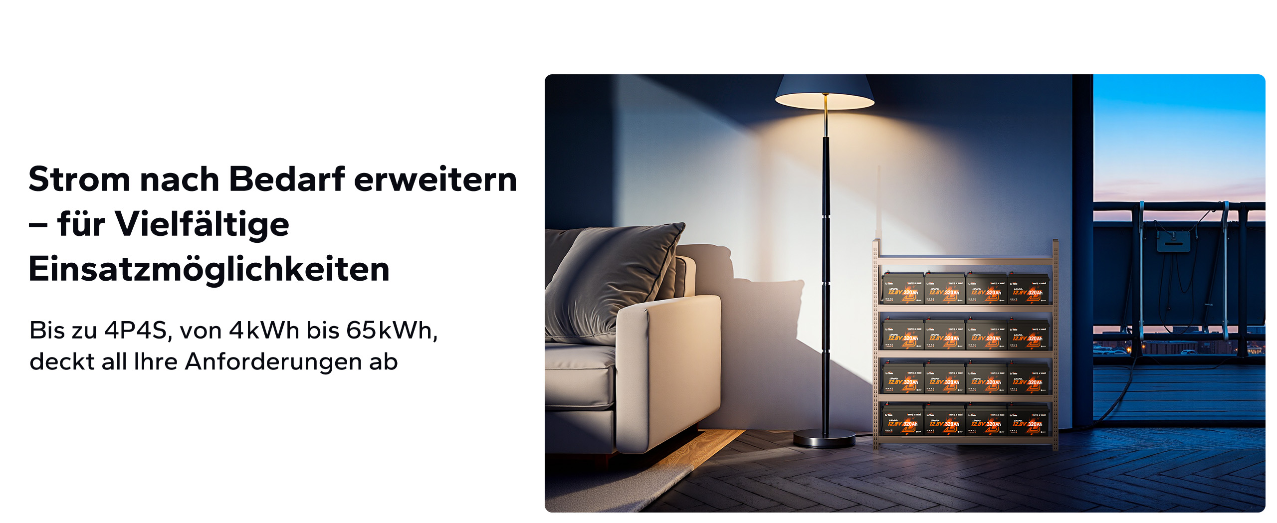 Modular erweiterbares Batteriesystem im Wohnraum, das flexible Stromspeicherlösungen für unterschiedliche Leistungsanforderungen ermöglicht.