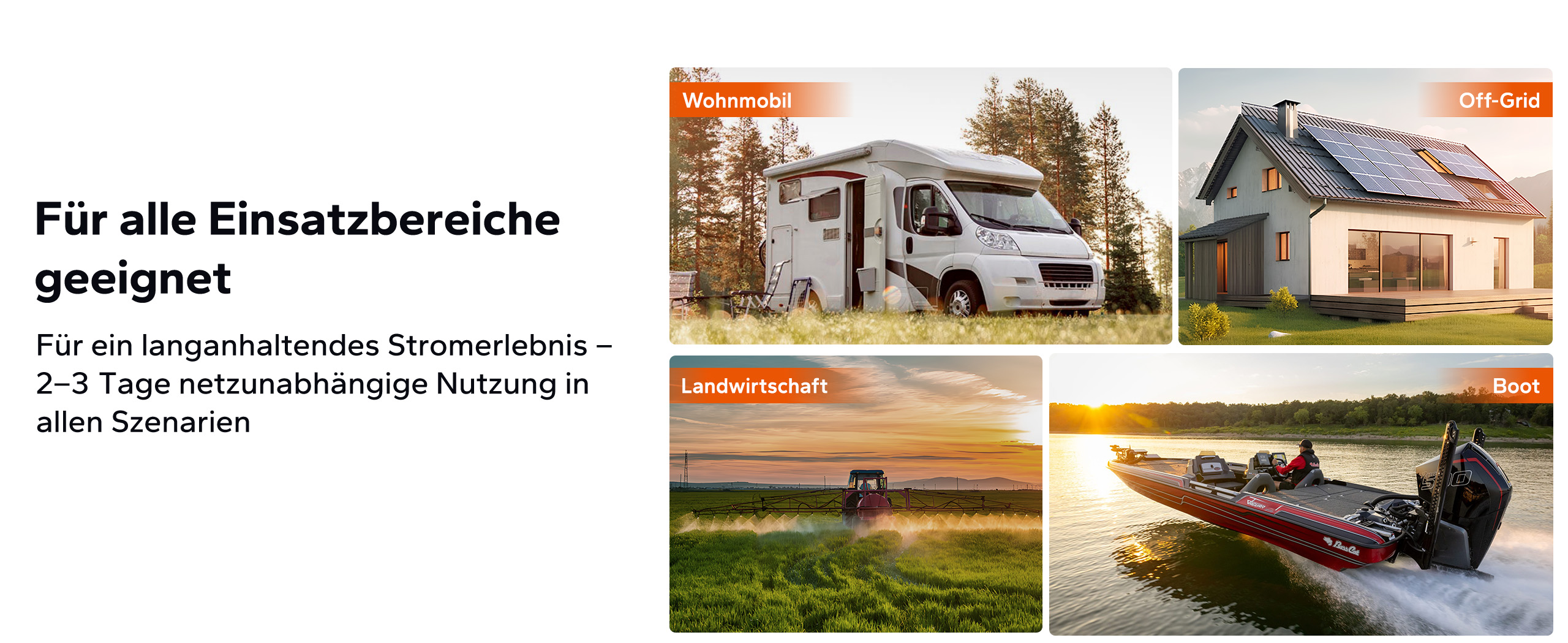 Vielseitige Einsatzmöglichkeiten der Lithiumbatterie für Wohnmobil, Off-Grid-Haus, Landwirtschaft und Boot mit zuverlässiger Stromversorgung über mehrere Tage.
