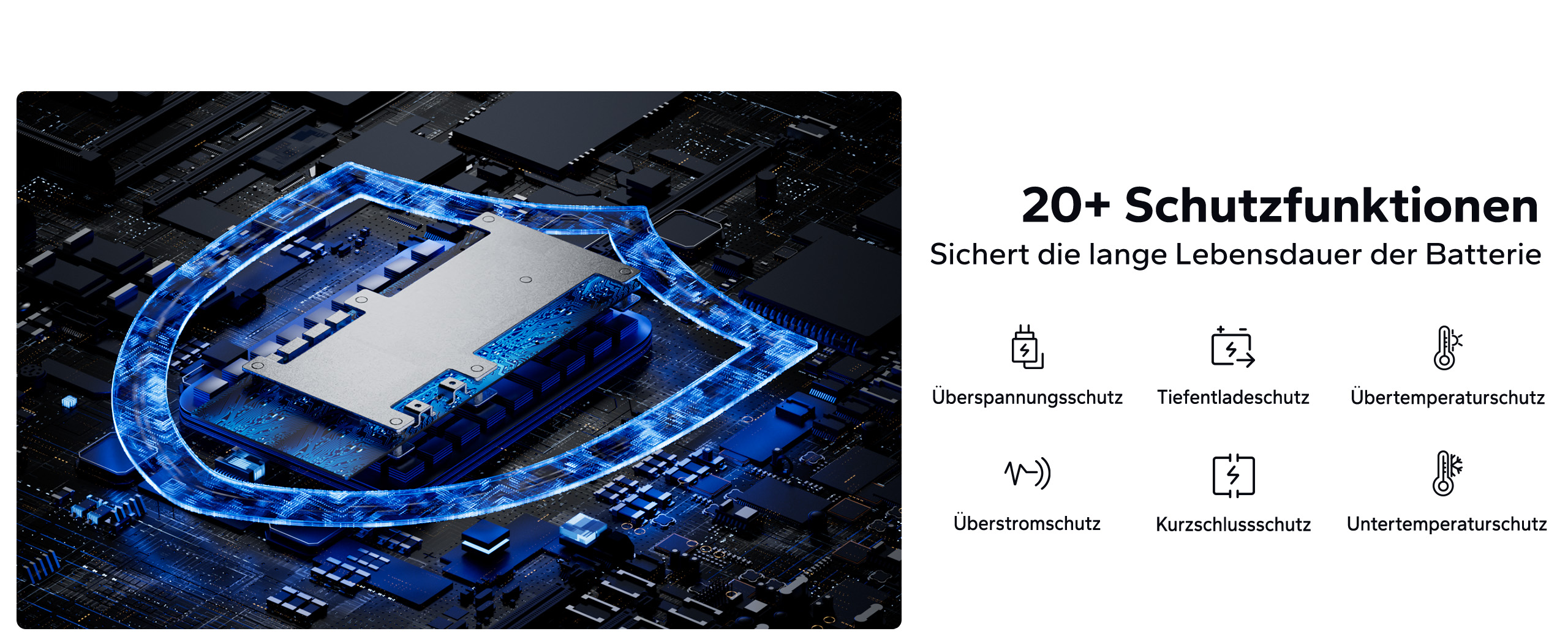 Integriertes Batteriemanagementsystem mit über 20 Schutzfunktionen sorgt für sichere Nutzung, stabile Leistung und lange Lebensdauer der Batterie.