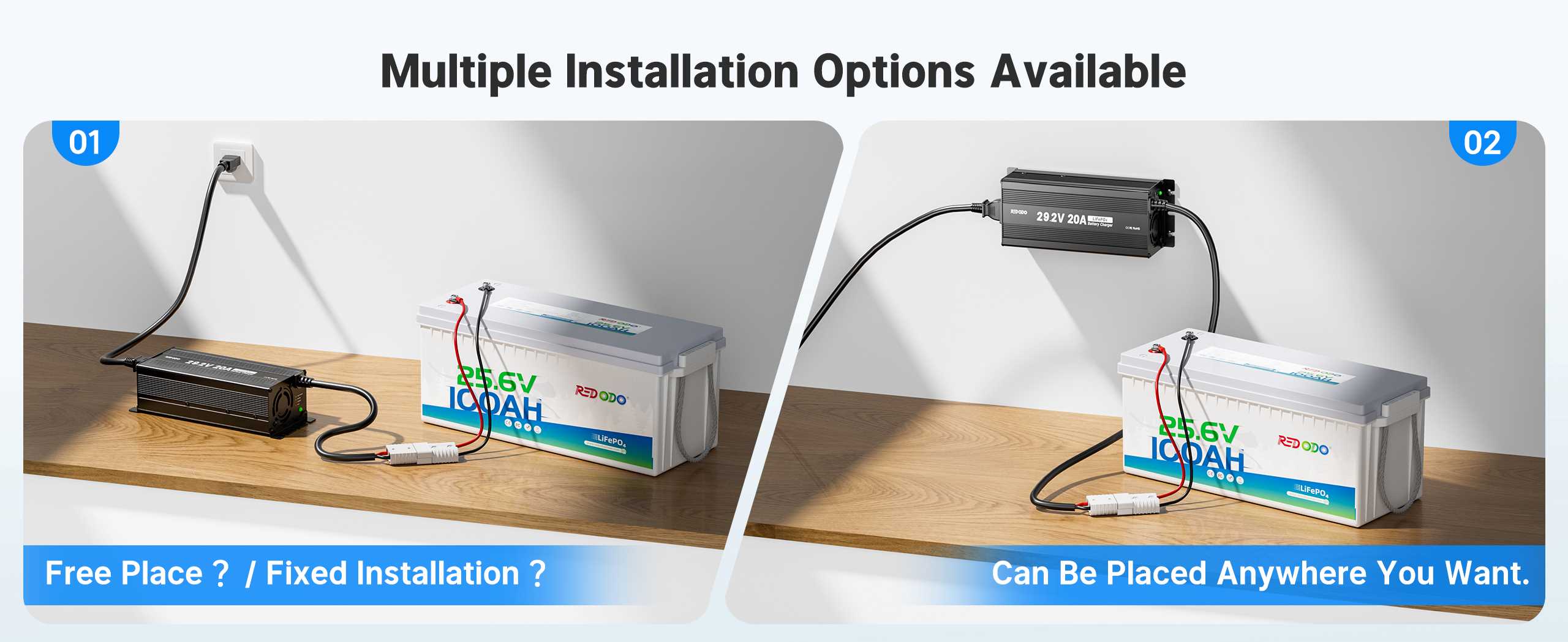 multiple installation options for Redodo 29.2V 20A MINI LiFePO4 Battery Charger