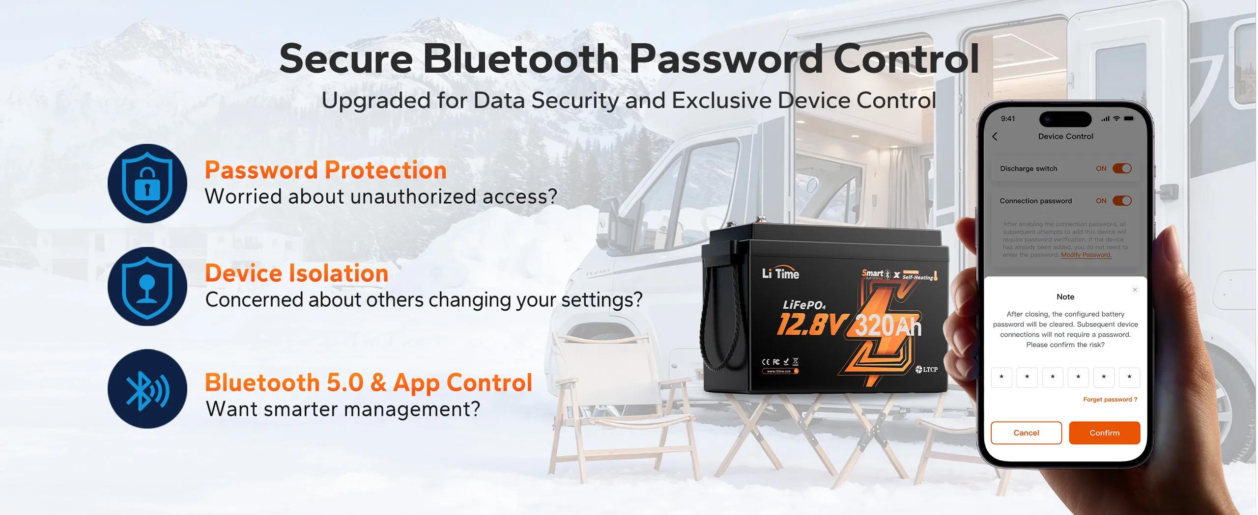 litime 12v 320ah self heating battery with secure bluetooth passward control