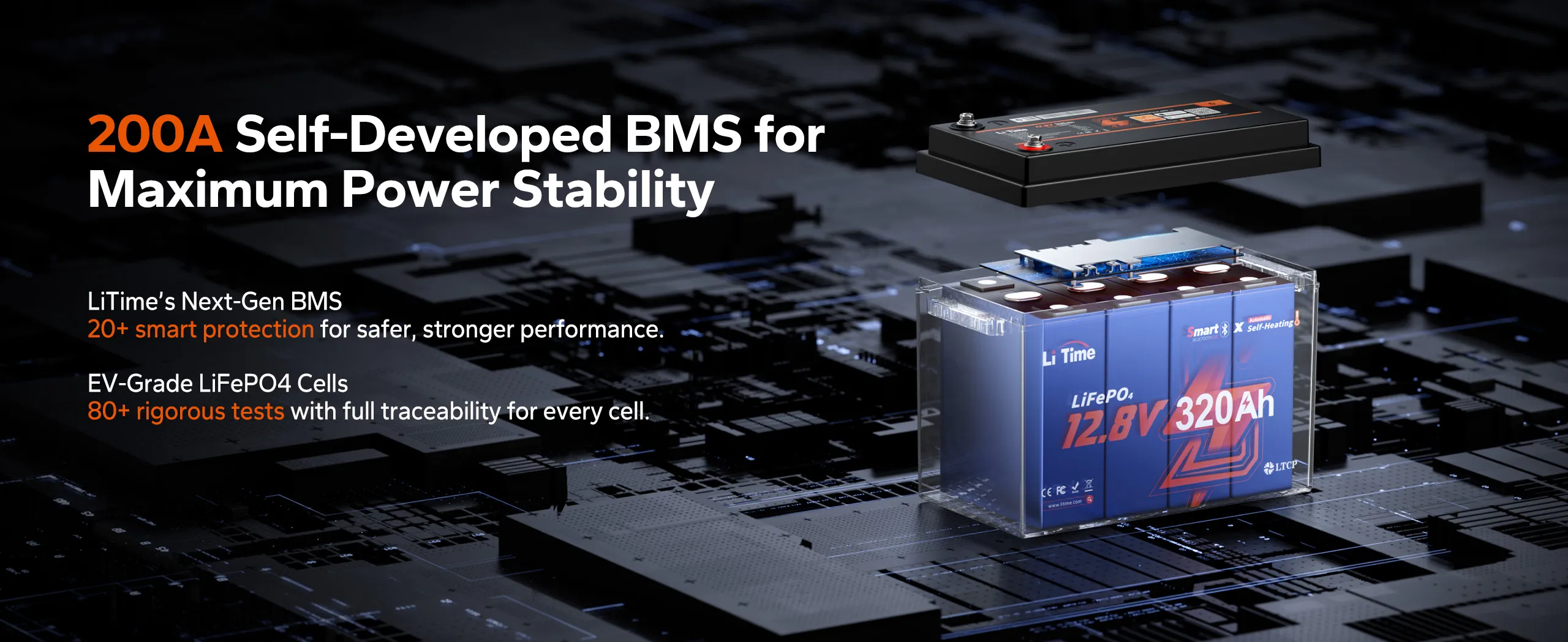 litime 12v 320ah self heating battery with 200a bms for maximun power stability